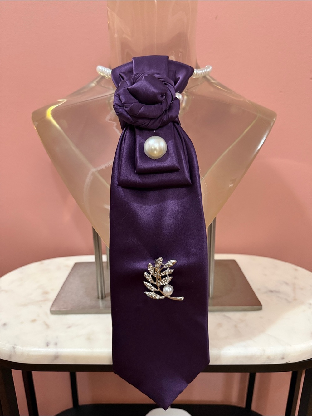 Purple Satin Decorative Neck Tie with Pearl & Crystal Leaf Accent